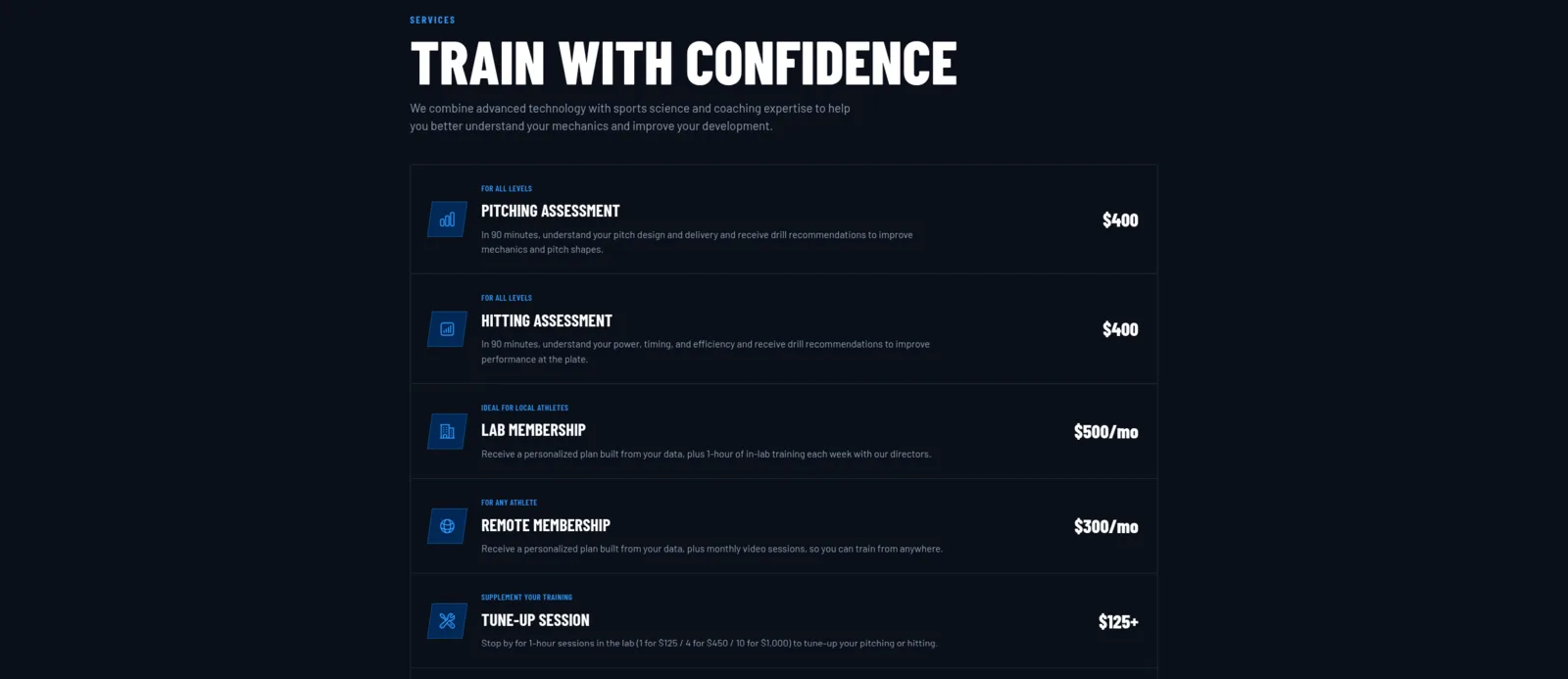 BioPrecision's V2 services page, listing the pitching and hitting assessments, memberships, tune-ups, and team options.